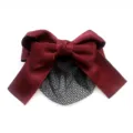 Burgundy velvet bow hair net for women professional work bun cover and hair accessory. - Fine Net Hair Net / Burgundy