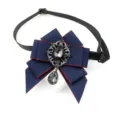 Dark blue ribbon bow tie detail with vintage rhinestone crystal pendant for kids party. - Red-Trimmed Blue