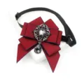 Details of vintage burgundy ribbon bow tie with sparkling crystal pendant and adjustable black strap. - Blue-Bordered Red