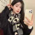 Black and white heart plaid imitation cashmere winter warm scarf, cozy neck wrap. - Heart Plaid Style / Black