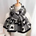 Black and white knit scarf for women, cozy winter warm neck warmer with heart pattern. - Heart Plaid Style / Coffee