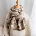 Brown and white knit scarf featuring heart and plaid patterns, cozy winter neck warmer. - Heart Plaid Style / Khaki