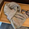 Grey knitted winter scarf for women with elegant bow embroidery, cozy imitation cashmere material. - Bow Embroidery Style / Gray