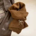 Brown winter warm knit scarf with white bow imitation cashmere cozy neckerchief accessory - Bow Embroidery Style / Coffee