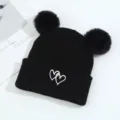 Cute infant black knit hat with double pom pom and white heart embroidery, warm baby beanie. - 15*25cm / Black