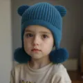 Cute kids blue knit beanie hat with bear ears and pom poms winter warm windproof earflap cap - Blue