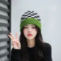 Femme Hiver Bonnet Tricoté Damier Rebord Vert Mode Chaud Bonnet Chapeau Streetwear - Chapeau Seul / Vert moutarde