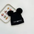Kids winter knit beanie hat with double pom poms, cute cat whiskers design, warm and stylish. - 48-50CM (3-6 Years) / Double Pom Pom Cat Black
