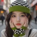 Conjunto de gorro de punto a cuadros verdes y guantes a juego para mujer otoño invierno moda - Conjunto de punto / Verde mostaza