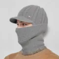 Detailed view of winter warm knitted balaclava cap with visor, windproof face mask design. - Light Gray