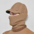 Men's winter warm knit hat balaclava, thermal beanie with integrated face mask for men. - Khaki