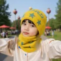 Conjunto de gorro y bufanda de punto amarillo para niños, gorro de invierno con estrellas. - Talla única / Amarillo