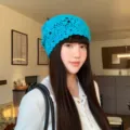 Blue crochet slouchy knit hat for women, Korean style hollow floral beanie for spring autumn. - One Size / Blue