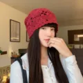 Korean style handmade crochet flower hollow knit beanie for women, autumn retro slouchy hat - One Size / Burgundy