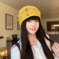 Yellow hollow crochet knit beanie hat women spring autumn vintage stylish casual cap - One Size / Yellow