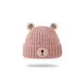 Gorro de punto rosa para bebé con orejas de oso bonitas y cara bordada para invierno. - Talla única / Rosa