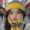 Conjunto de gorro de punto y guantes para mujer con diseño de cuadros en blanco y negro a la moda. - Conjunto de punto / Amarillo Brillante