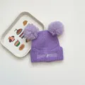 Children winter knit beanie hat with cute double pom poms, warm purple woolen cap for kids. - 48-50CM (3-6 Years) / Double Pom Pom Cat Purple