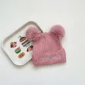 Kids pink double pom pom knitted hat, cute cat whisker embroidered winter beanie. - 48-50CM (3-6 Years) / Double Pom Pom Cat Pink
