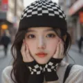 Conjunto de gorro y guantes de punto a cuadros en blanco y negro, gorro de invierno cálido y elegante. - Conjunto de punto / Negro Clásico