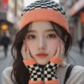 Ensemble bonnet en tricot et mitaines, motif damier noir blanc bord orange tendance. - Ensemble en maille / Rose Fille