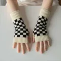 Gants sans doigts en tricot à carreaux noirs et blancs pour femme style tendance - Gants Uniquement / Blanc Cassé