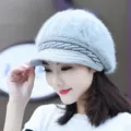 Women Winter Warm Fleece Lined Knitted Visor Hat Casual Rabbit Fur Beret Cap Grey - Fleece Lined Double Layer Elastic / Gray