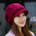 Women winter plush knitted visor hat, thick warm faux rabbit fur beret cap for cold weather. - Fleece Lined Double Layer Elastic / Burgundy