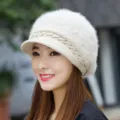 Women's winter warm fur duckbill hat, thick knitted rabbit hair beanie cap for cold weather. - Fleece Lined Double Layer Elastic / Beige