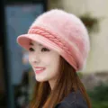 Women Winter Warm Knitted Rabbit Fur Hat Pink Duckbill Cap Casual Thickened Fuzzy Cap - Fleece Lined Double Layer Elastic / Pink