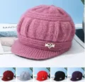 Winter warm knitted visor hat pink rabbit fur beanie with cute heart bow metal accessory - Fleece Lined Double Layer Elastic / Pumpkin Hat - Wine Red