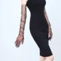 Close-up detail of sheer black long opera gloves, featuring stretchy mesh fabric for evening parties. - 70cm / Black