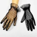 Black lace mesh short gloves for women, elegant ruffle bridal wedding party accessories. - Short Mesh Style / Black Short Mesh (23cm)
