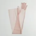 Close-up detail of sheer mesh long gloves in elegant pink, showing fine stitching and fabric texture. - Dusty Pink
