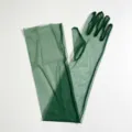 Close-up detail of dark green sheer mesh long gloves, lightweight fabric texture view. - Dark Green
