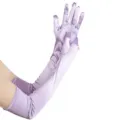 Detail view of elegant long purple satin opera gloves, smooth finish for evening wear. - Lavender