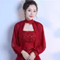 Red chiffon long sleeve bolero shawl with elegant floral lace stand collar, perfect evening wear. - Burgundy