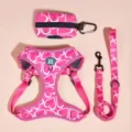 Pink heart pet harness leash set, adjustable dog cat vest with waste bag holder for walking. - XS / Pink Love Heart 3-Piece Set