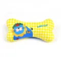 Close-up of yellow checkered bone-shaped pet dog chew toy with cute cartoon lion print. - S (20x9cm) / Lion