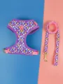 Purple heart print pet harness and leash set, comfortable mesh fabric and durable metal hardware. - Purple Heart