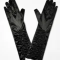 Black satin gathered long gloves detail view, elegant evening party and wedding costume accessory. - 38cm / Black