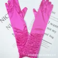 Pink satin pleated long gloves detail, elegant evening party and bridal accessory style. - 38cm / Rose Red