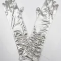Detail view of silver satin gathered long gloves, glossy fabric, elegant bridal accessory. - 38cm / Light Gray