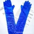 Royal blue satin ruched long gloves for wedding bridal ceremonial evening party wear. - 38cm / Blue