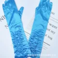 Blue satin ruched long gloves detail shot, elegant bridal evening dress accessory. - 38cm / Sky Blue