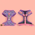 Pettorina per cani carina con stampa a cuori e cinghie rosa, comoda ed elegante per le passeggiate. - Pettorina Cuore Viola + Targhetta ID