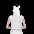 White satin bow wedding short double layer veil bridal hair accessory detail back view shot. - Shamrock Bow / Double Hair Clip Style