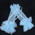 Hellblaue transparente Mesh-Handschuhe mit Rüschen und Schleifen, zarte Party-Details. - Kinder Einheitsgröße / Seeblau