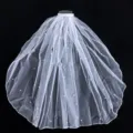Velo de novia blanco con perlas y strass, accesorio de cabello corto de doble capa. - 60CM Velo Ribeteado con Perlas / Blanco