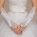 White lace fingerless bridal gloves with delicate rhinestones for wedding dress and parties. - One Size / Style 8